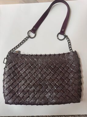 Woven Shoulder Bag in Plum with Chain-Trim Strap